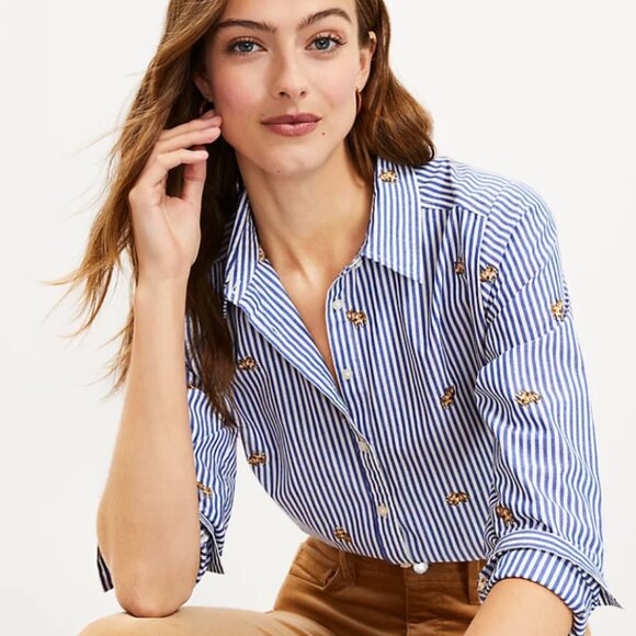 LOFT Dog Stripe Everyday Shirt Womens Sz S Cotton Preppy Embroidered NWT - Picture 2 of 6